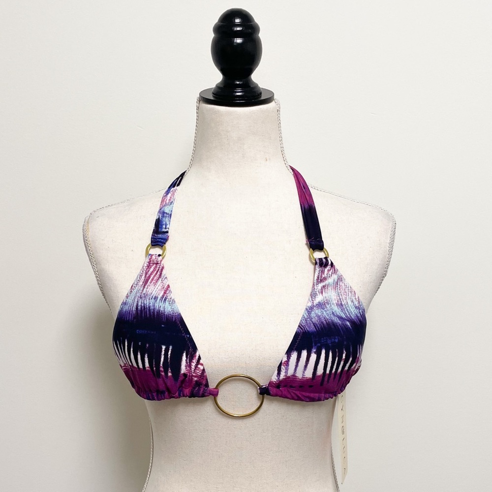 Cyn and Luca Purple White Tie Dye Ring Sliding Triangle Bikini Top NWT Small NOS